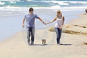 Attractive Couple with their Labrador Retriever Puppy Walking at the Beach