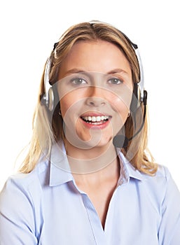 Attractive customer service woman speaking to a client