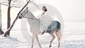 Attractive cute dark-haired lady in a long gray vintage dress with bare shoulders sits astride a horse, confidently