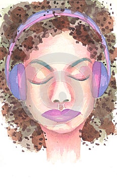 Attractive cute girl listening to music on violet headphones, female meloman listens favorite playlist