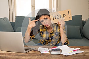 Attractive desperate woman asking for help in managing expenses. Cost living and bill problems