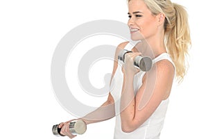 Attractive Determined Fit Healthy Young Blonde Woman Working Out with Dumb Bell Weights