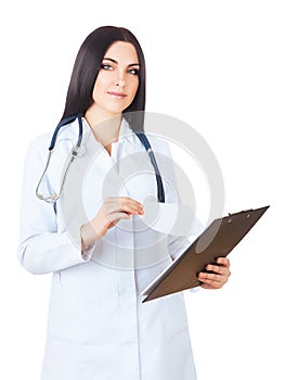 Attractive doctor in white coat with folder