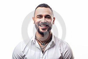 Attractive elegant male. Masculinity concept. Portrait of sexy handsome fashion man model with smile. Brutal bearded boy