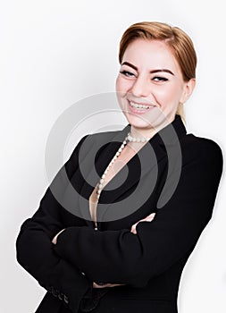 Attractive and energetic business woma in a suit on naked body