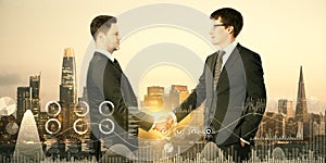 Attractive european businessmen shaking hands in city with creative business chart hologram on blurry background. Innovation,