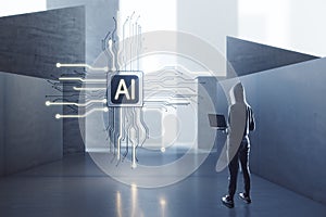 Attractive  hacker with laptop computer standing in concrete interior with abstract micro chip. AI and technology concept