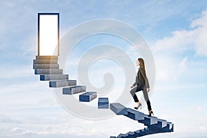 Attractive european woman climbing sky stairs to success and opprtunity with open door and mock up place