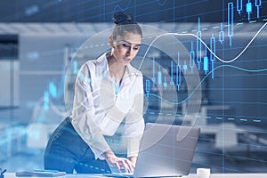 Attractive european woman using laptop while leaning on desk with candlestick forex chart with index on office interior background