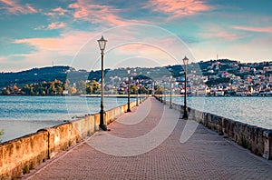 Attractive evening cityscape of Argostolion town, former municipality on the island of Kefalonia, Ionian Islands, Greece.