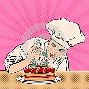 Attractive Female Chef Decorating Delicious Cake with Strawberries. Pop Art