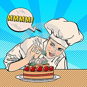 Attractive Female Chef Decorating Delicious Cake with Strawberries. Pop Art