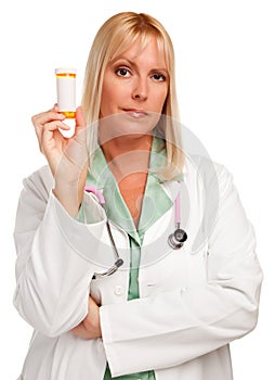 Attractive Female Doctor with Blank Bottle