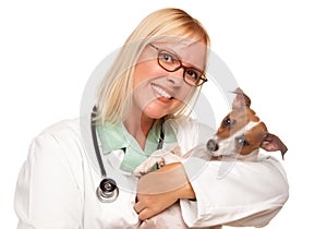 Attractive Female Doctor Veterinarian with Puppy