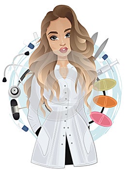 Attractive female doctor in white gown on medical objects background