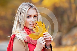 Attractive female holding fallen yellow leaves. Girl wearing bright red cozy and warm scarf. Autumn dream. Woman dreams