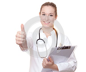 Attractive female physician showing thumbs up