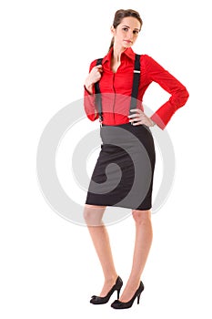 Attractive female in red shirt and braces,isolated