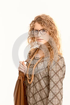 Attractive female wearing glasses going to work