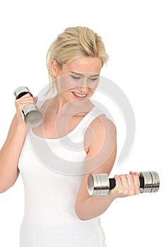 Attractive Fit Healthy Happy Young Blonde Woman Working Out with Dumb Bell Weights