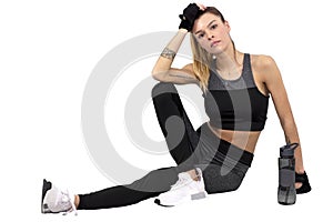 Attractive fitness woman, trained female body,Attractive fitness woman with top and mp3 player, caucasian lifestyle portrait
