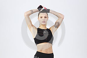 Attractive fitness woman, trained female body,Attractive fitness woman with top and mp3 player, caucasian lifestyle portrait, cauc