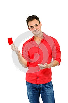 Attractive friendly smiling confident young man showing red card