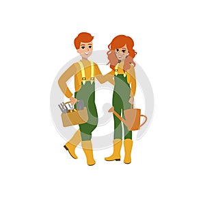 Attractive gardener. Funny character design. Cartoon illustration. Garden care concept creator. Female groundskeeper personage. photo