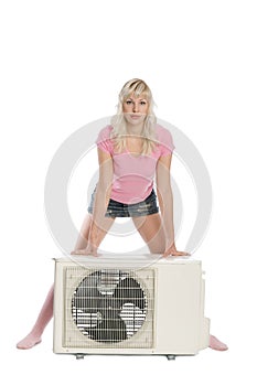 Attractive girl advertises air conditioner