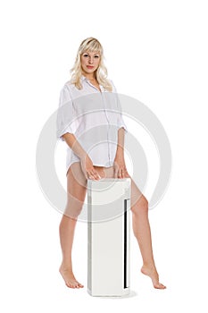 Attractive girl advertises air conditioner