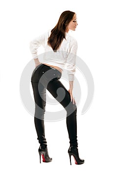 Attractive girl in black tight jeans