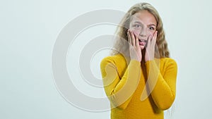 Attractive girl depict shock in camera on white background