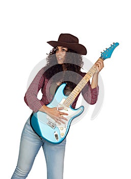 Attractive girl with electric guitar playing country music