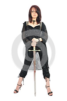 Attractive girl hold sword in her hands