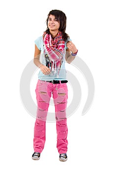 Attractive Girl Jeans In A Torn Pink Jeans.