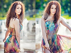 Attractive girl in multicolored short dress playing with water in a summer hottest day. Girl with wet dress enjoying fountains