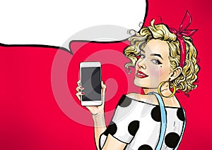 Attractive girl in with phone in the hand in comic style. Woman holding smartphone.