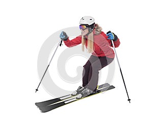 Attractive girl skier on white background. photo