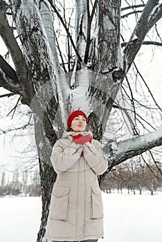 Attractive girl in warm clothes and red hat stands under tree in winter park. Woman takes pleasure being in nature