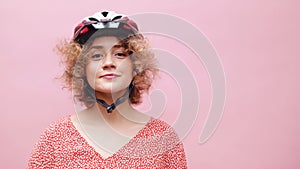 Attractive Girl Wearing A Safety Bicycle Helmet Smiling Healthy Lifestyle Concept