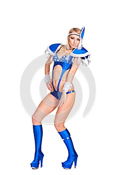 Attractive go-go dancer in blue stage costume