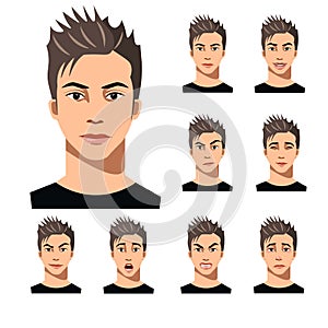 Attractive haired young man on different face expressions collection