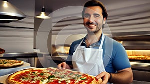 Attractive happy chef holding hot pizza in his hands