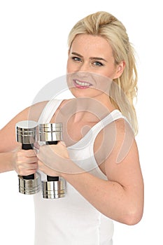 Attractive Happy Fit Healthy Young Blonde Woman Working Out with Dumb Bell Weights