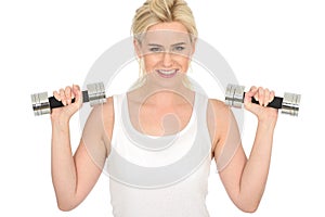 Attractive Happy Fit Healthy Young Blonde Woman Working Out with Dumb Bell Weights