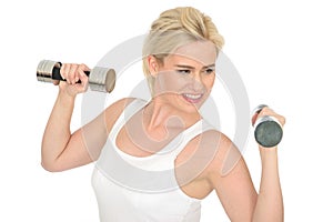 Attractive Happy Fit Healthy Young Woman Working Out with Dumb Bell Weights