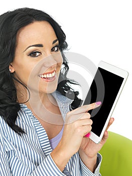 Attractive Happy Positive Young Hispanic Woman Using a Wireless Tablet