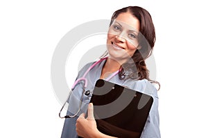 Attractive Hispanic Doctor or Nurse with Clipboard
