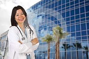 Attractive Hispanic Doctor or Nurse in Front of Building