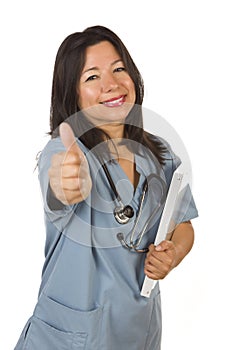 Attractive Hispanic Doctor or Nurse with Thumbs Up